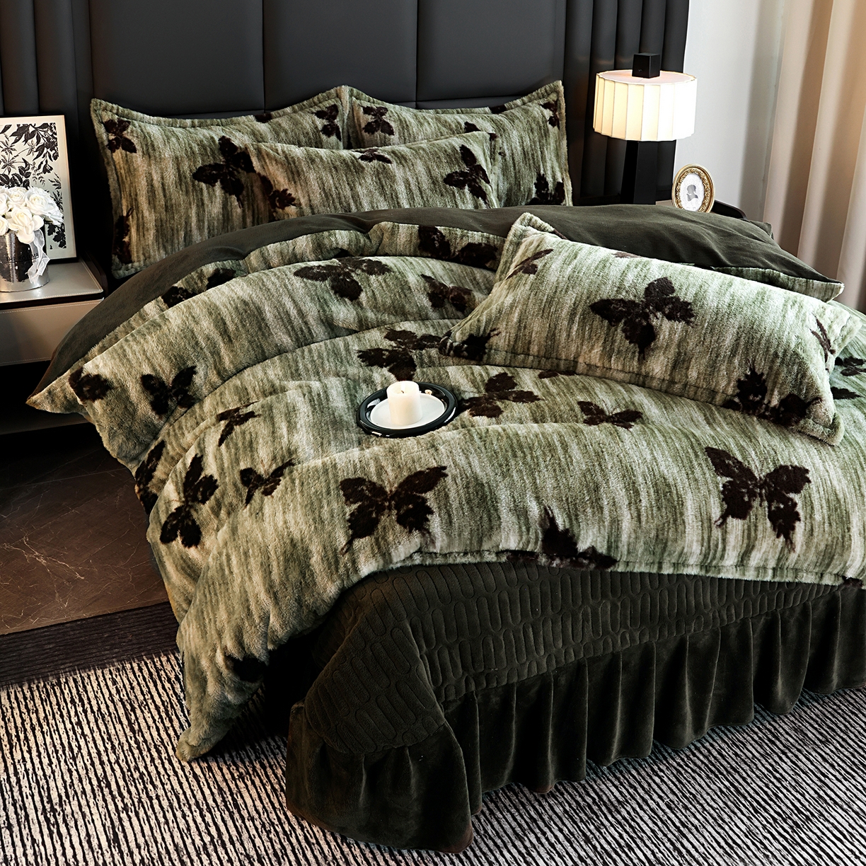 91家纺网 家纺一手货源 找家纺 提花大世界 2025新款轻奢法式加厚美拉德系列高克重兔绒牛奶绒床盖床单床笠款四件套 蝶舞-绿