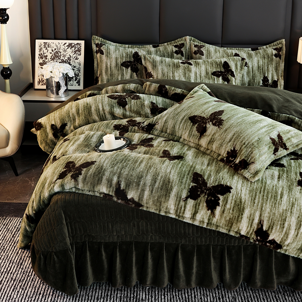 91家纺网 家纺一手货源 找家纺 提花大世界 2025新款轻奢法式加厚美拉德系列高克重兔绒牛奶绒床盖床单床笠款四件套 蝶舞-绿