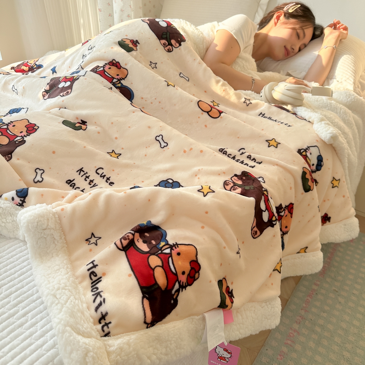 91家纺网 家纺一手货源 找家纺 韩巢家纺 2025秋冬新款A类牛奶绒羊羔绒多功能毛毯毯子 小狗与凯蒂