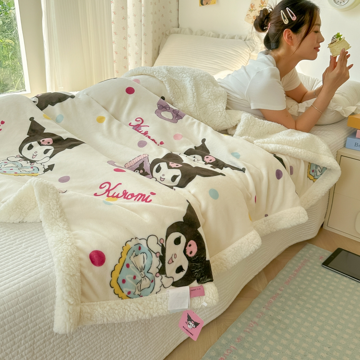 91家纺网 家纺一手货源 找家纺 韩巢家纺 2025秋冬新款A类牛奶绒羊羔绒多功能毛毯毯子 彩波波库洛米