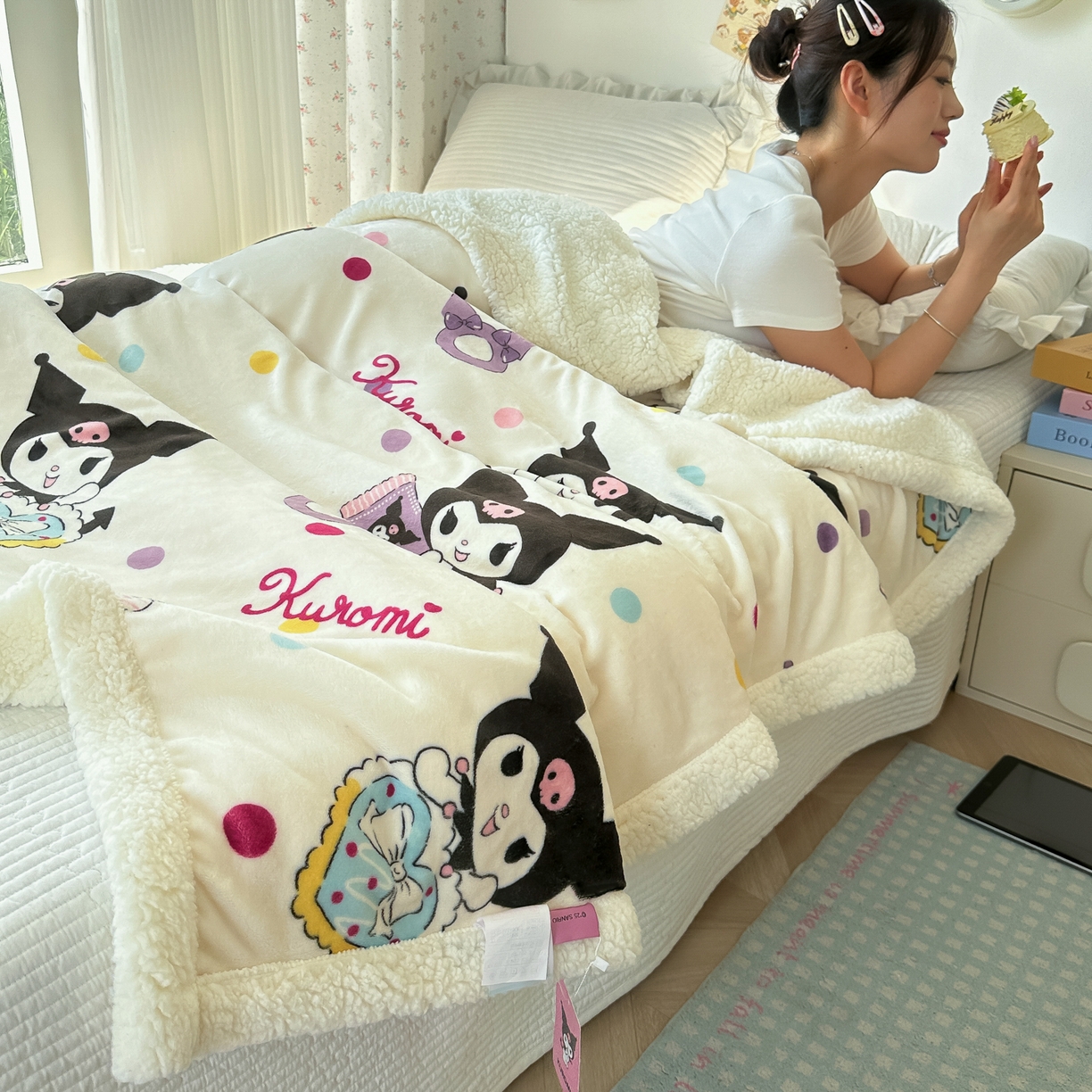 91家纺网 家纺一手货源 找家纺 韩巢家纺 2025秋冬新款A类牛奶绒羊羔绒多功能毛毯毯子 彩波波库洛米