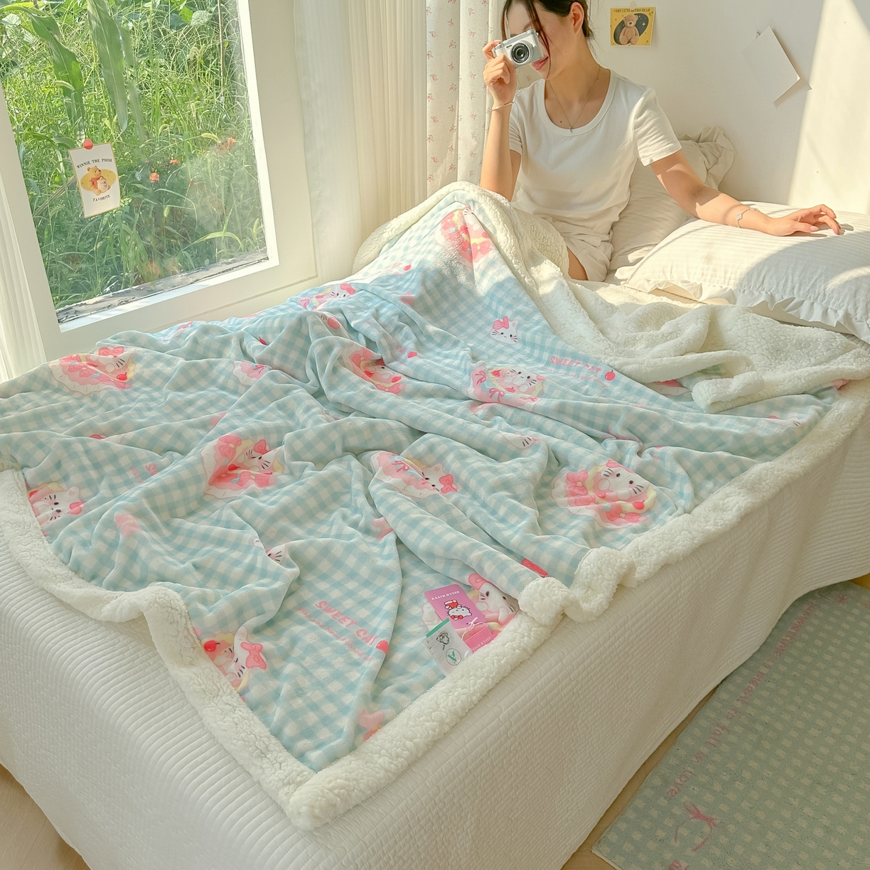 91家纺网 家纺一手货源 找家纺 韩巢家纺 2025秋冬新款A类牛奶绒羊羔绒多功能毛毯毯子 糯叽kt猫