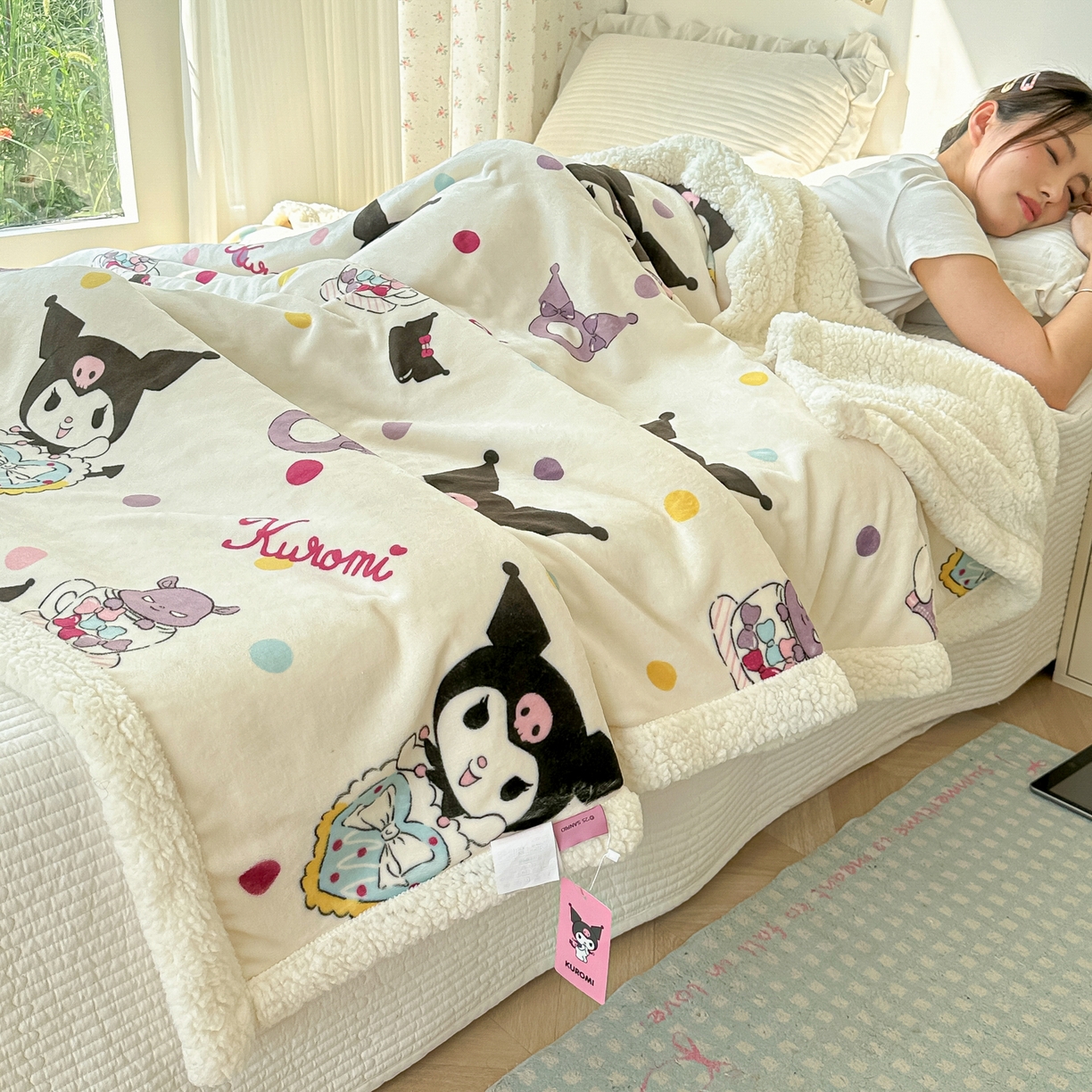 91家纺网 家纺一手货源 找家纺 韩巢家纺 2025秋冬新款A类牛奶绒羊羔绒多功能毛毯毯子 彩波波库洛米