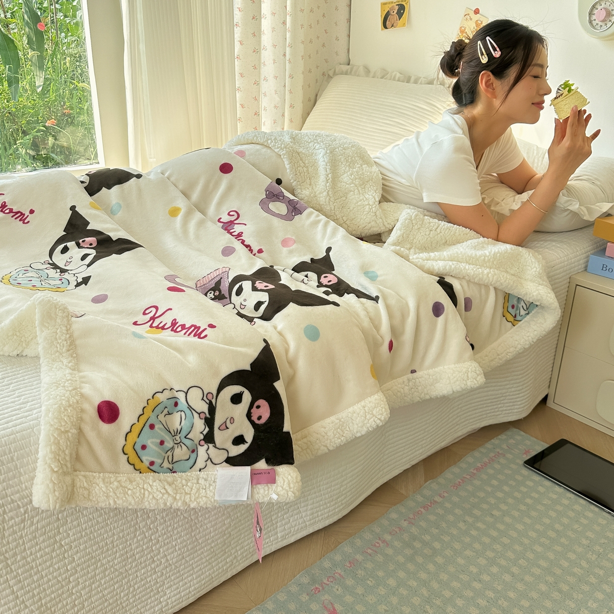 91家纺网 家纺一手货源 找家纺 韩巢家纺 2025秋冬新款A类牛奶绒羊羔绒多功能毛毯毯子 彩波波库洛米