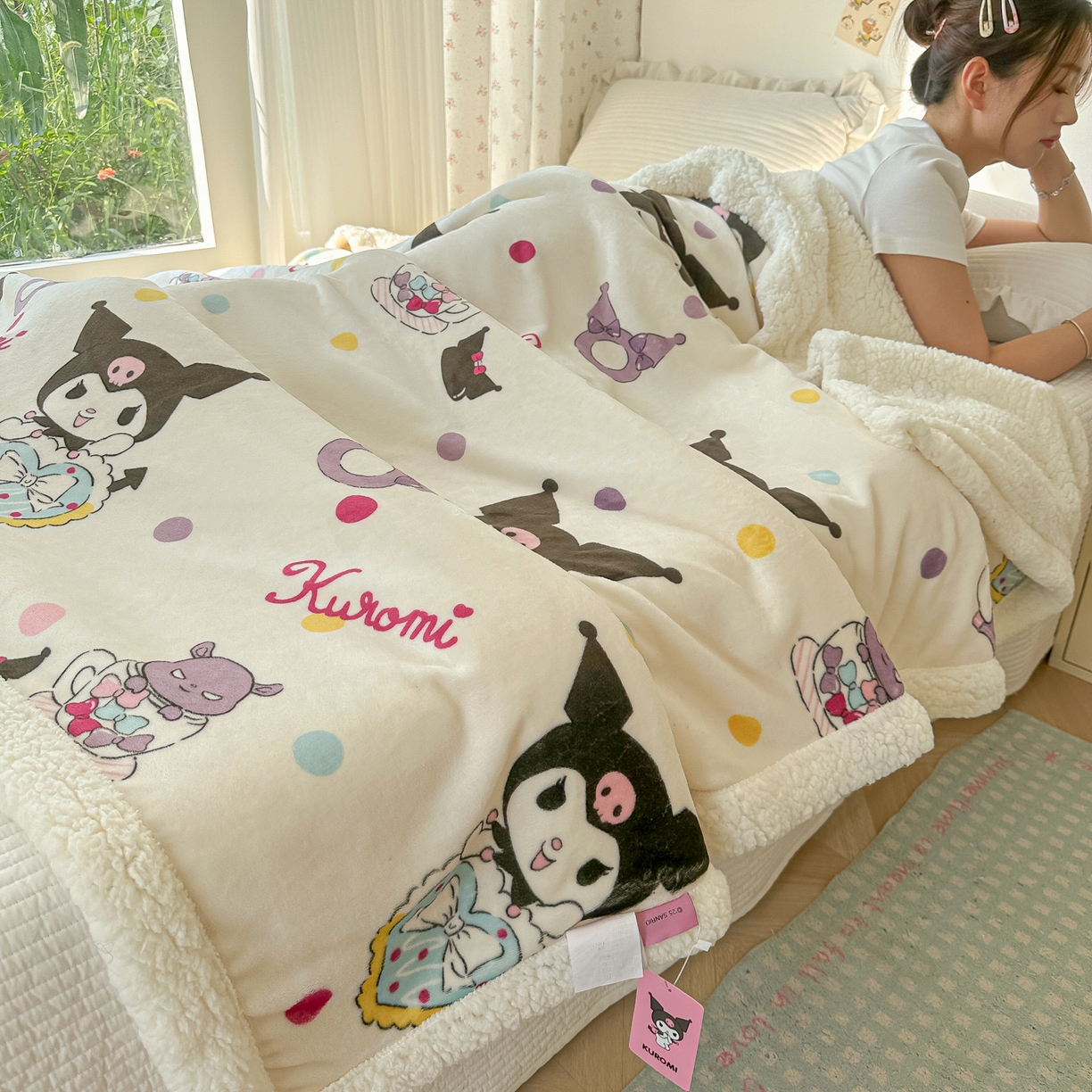 91家纺网 家纺一手货源 找家纺 韩巢家纺 2025秋冬新款A类牛奶绒羊羔绒多功能毛毯毯子 彩波波库洛米