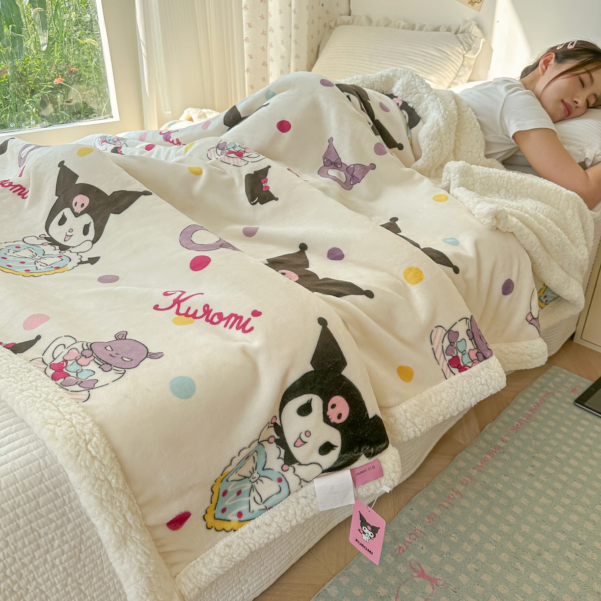 91家纺网 家纺一手货源 找家纺 韩巢家纺 2025秋冬新款A类牛奶绒羊羔绒多功能毛毯毯子 彩波波库洛米