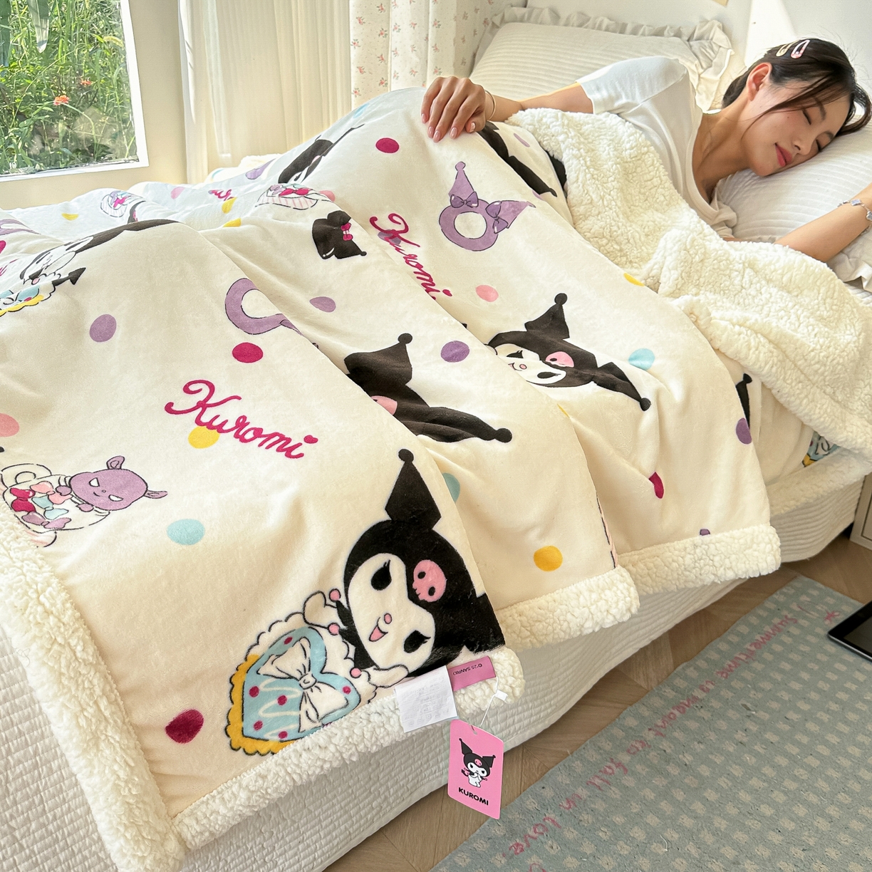 91家纺网 家纺一手货源 找家纺 韩巢家纺 2025秋冬新款A类牛奶绒羊羔绒多功能毛毯毯子 彩波波库洛米