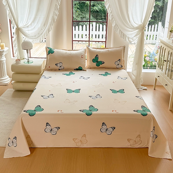 91家纺网 家纺一手货源 找家纺 亿佳人 2025新款加厚芦荟棉床单磨毛化纤床单 蝶舞飞扬