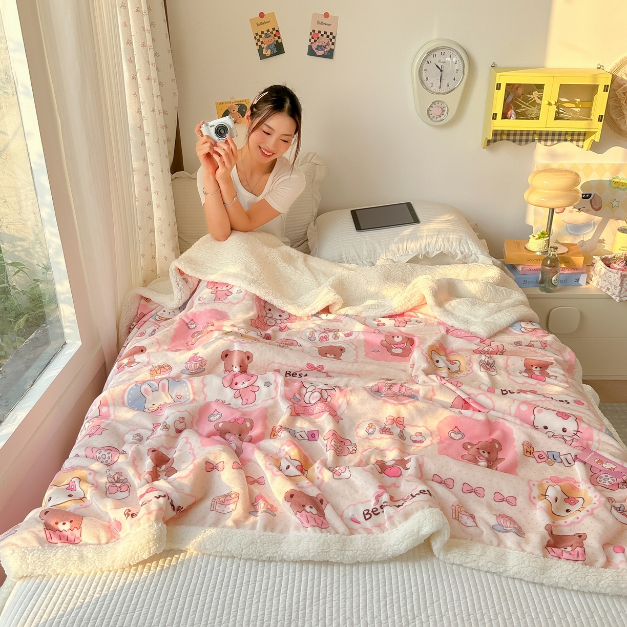 91家纺网 家纺一手货源 找家纺 韩巢家纺 2025秋冬新款A类牛奶绒羊羔绒多功能毛毯毯子 下午茶猫猫