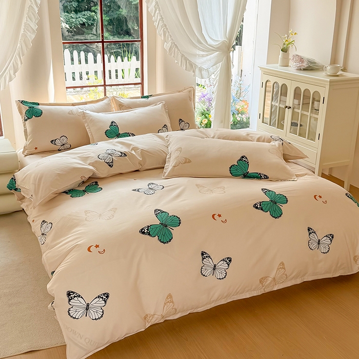 91家纺网 家纺一手货源 找家纺 亿佳人 芦荟棉三四件套，床单，被套，枕套化纤四件套 蝶舞飞扬