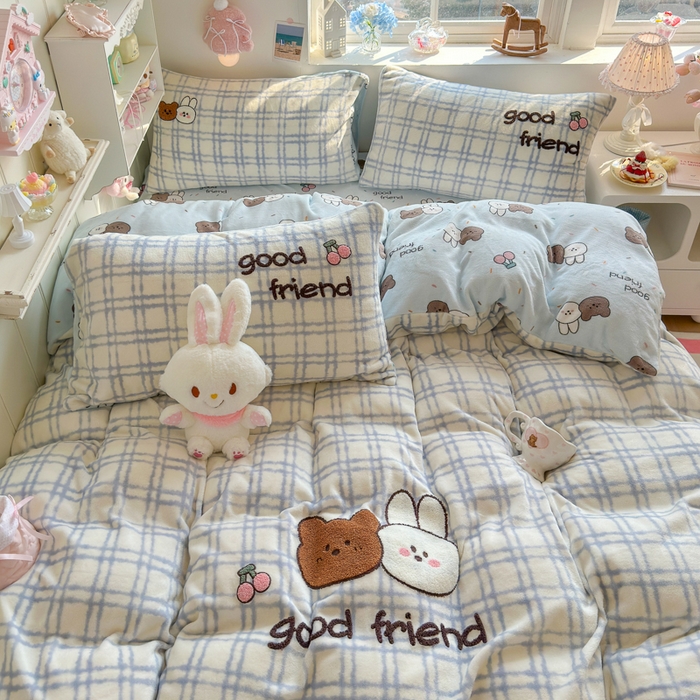 91家纺网 家纺一手货源 找家纺 Sweet dreams甜梦 2025新款全消光牛奶绒毛巾绣印花四件套 好朋友