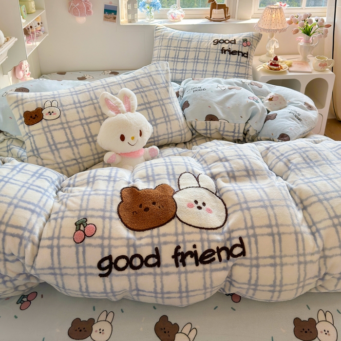 91家纺网 家纺一手货源 找家纺 Sweet dreams甜梦 2025新款全消光牛奶绒毛巾绣印花四件套 好朋友