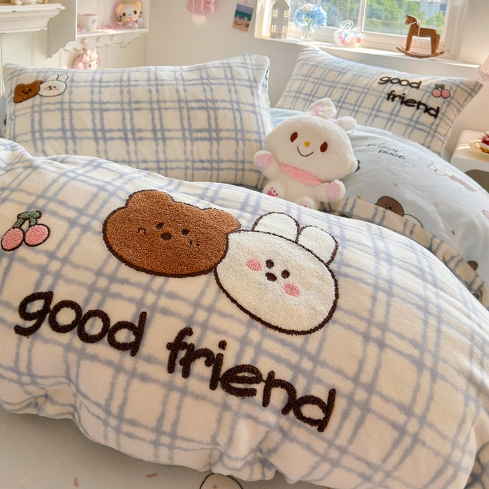 91家纺网 家纺一手货源 找家纺 Sweet dreams甜梦 2025新款全消光牛奶绒毛巾绣印花四件套 好朋友