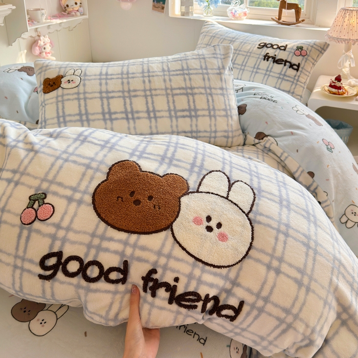 91家纺网 家纺一手货源 找家纺 Sweet dreams甜梦 2025新款全消光牛奶绒毛巾绣印花四件套 好朋友