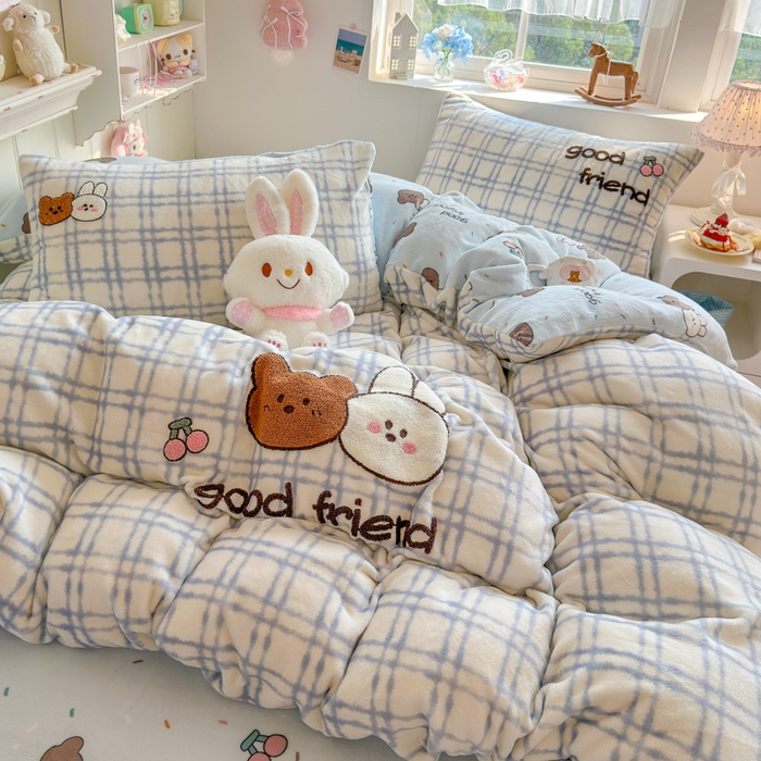 91家纺网 家纺一手货源 找家纺 Sweet dreams甜梦 2025新款全消光牛奶绒毛巾绣印花四件套 好朋友