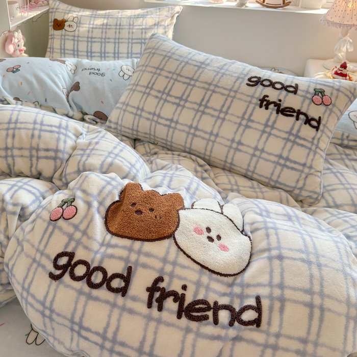 91家纺网 家纺一手货源 找家纺 Sweet dreams甜梦 2025新款全消光牛奶绒毛巾绣印花四件套 好朋友