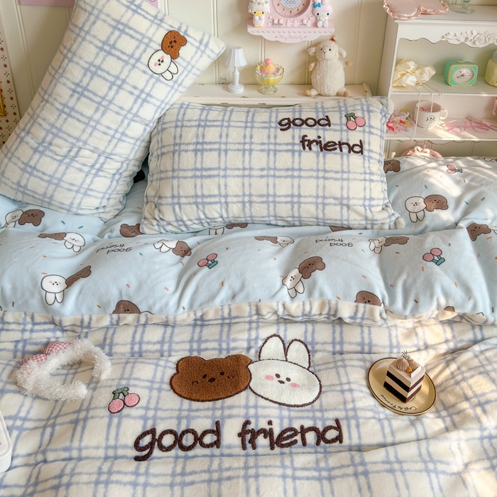 91家纺网 家纺一手货源 找家纺 Sweet dreams甜梦 2025新款全消光牛奶绒毛巾绣印花四件套 好朋友