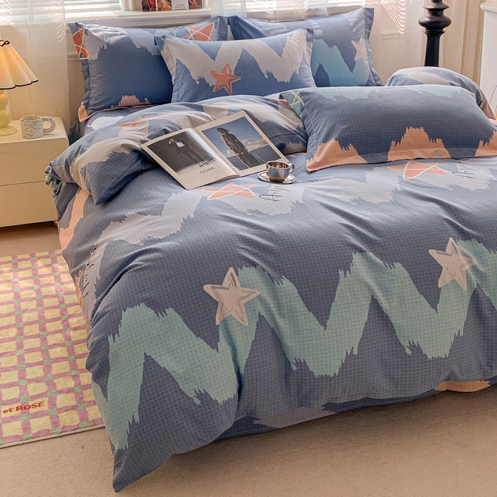 91家纺网 家纺一手货源 找家纺 小叮当家纺仓储工厂店 2025新款（买家秀 不断货）A类全棉纯棉磨毛四件套 波纹蓝