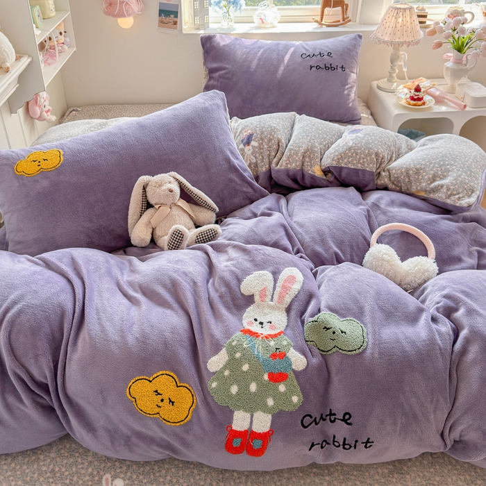 Sweet dreams甜梦 2025新款全消光牛奶绒毛巾绣印花四件套 可爱小兔