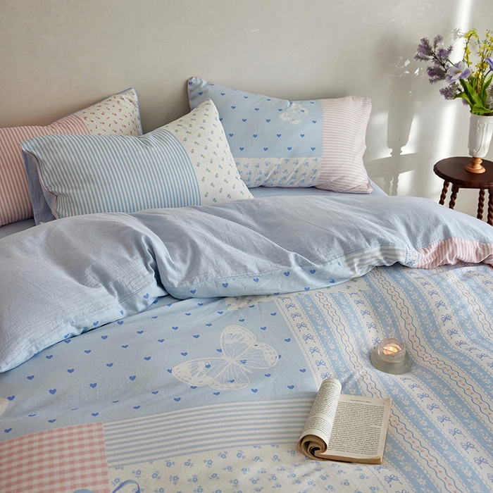 91家纺网 家纺一手货源 找家纺 安莱生活 2025新款A类母婴级全棉双层纱印花四件套--云羽织梦系列 云羽织梦-水蓝