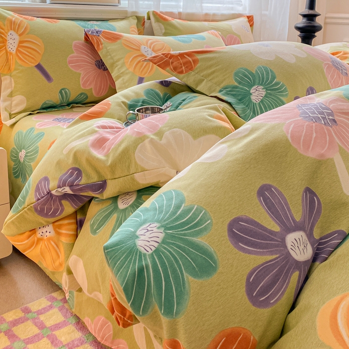 小叮当家纺仓储工厂店 2025新款（买家秀 不断货）A类全棉纯棉磨毛四件套 花骨朵-绿