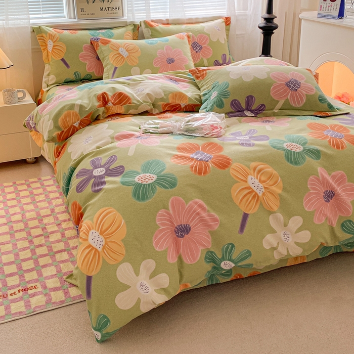 91家纺网 家纺一手货源 找家纺 小叮当家纺仓储工厂店 2025新款（买家秀 不断货）A类全棉纯棉磨毛四件套 花骨朵-绿