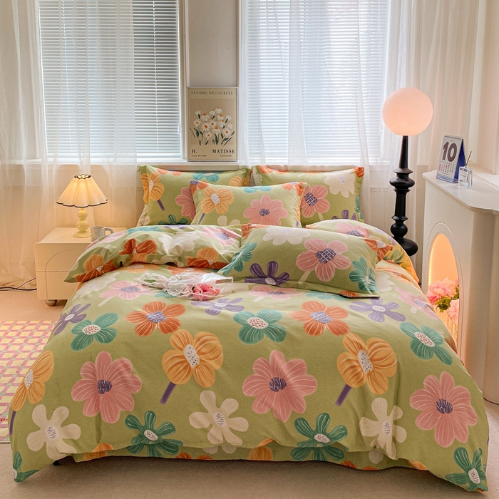 91家纺网 家纺一手货源 找家纺 小叮当家纺仓储工厂店 2025新款（买家秀 不断货）A类全棉纯棉磨毛四件套 花骨朵-绿