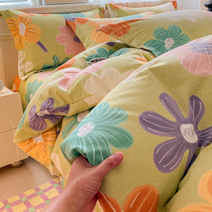 91家纺网 家纺一手货源 找家纺 小叮当家纺仓储工厂店 2025新款（买家秀 不断货）A类全棉纯棉磨毛四件套 花骨朵-绿