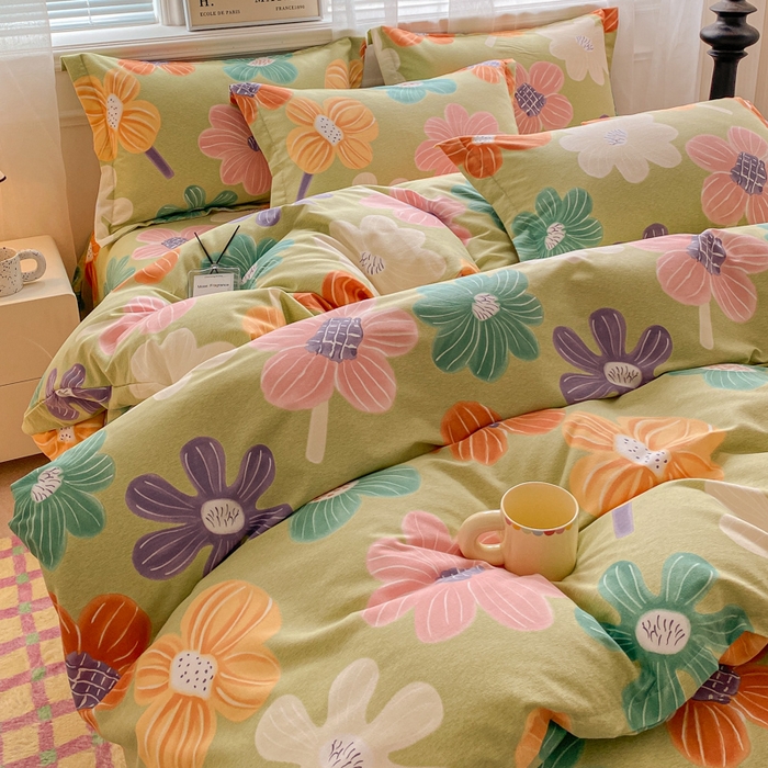 91家纺网 家纺一手货源 找家纺 小叮当家纺仓储工厂店 2025新款（买家秀 不断货）A类全棉纯棉磨毛四件套 花骨朵-绿