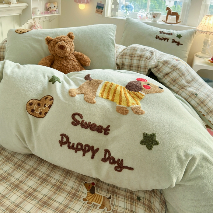 91家纺网 家纺一手货源 找家纺 Sweet dreams甜梦 2025新款全消光牛奶绒毛巾绣印花四件套 苹果腊肠狗