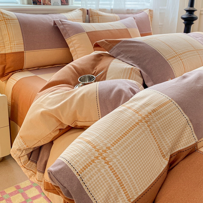 小叮当家纺仓储工厂店 2025新款（买家秀 不断货）A类全棉纯棉磨毛四件套 咖格