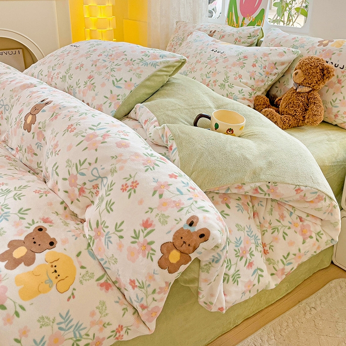 91家纺网 家纺一手货源 找家纺 （总）暖芯优选 2025新款小清新加厚高克重牛奶绒四件套直播热款电商热款