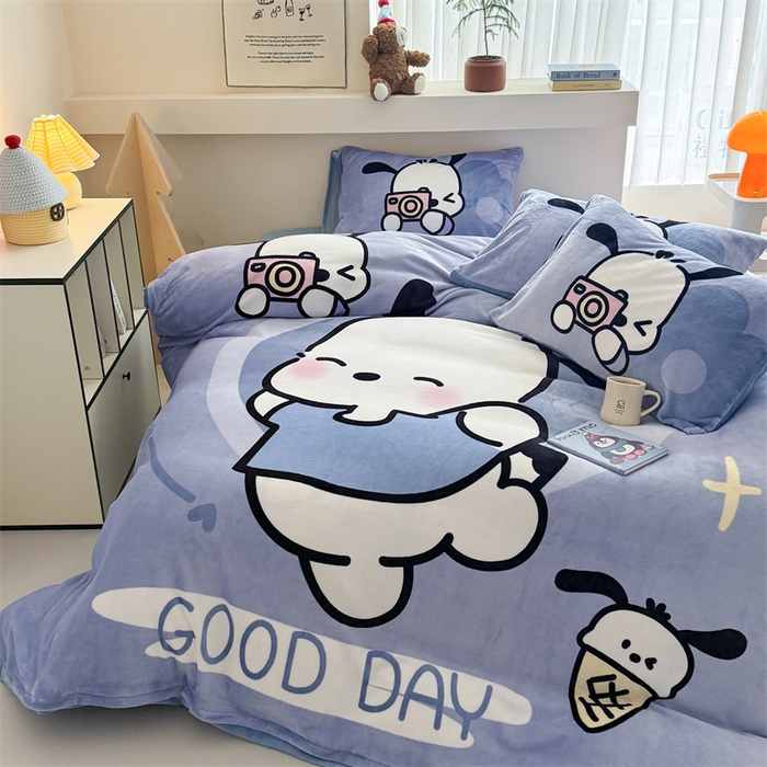 91家纺网 家纺一手货源 找家纺 福来临家纺 2025秋冬新款亲肤舒适保暖加厚牛奶绒大版卡通四件套 机灵狗狗