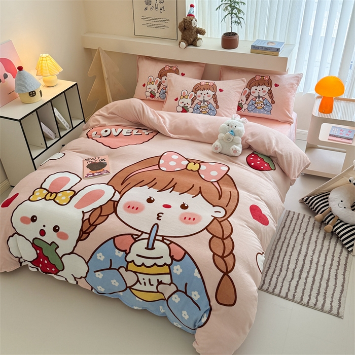 91家纺网 家纺一手货源 找家纺 福来临家纺 2025秋冬新款亲肤舒适保暖加厚牛奶绒大版卡通四件套 女孩与兔