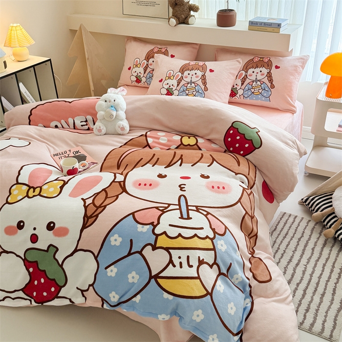 91家纺网 家纺一手货源 找家纺 福来临家纺 2025秋冬新款亲肤舒适保暖加厚牛奶绒大版卡通四件套 女孩与兔