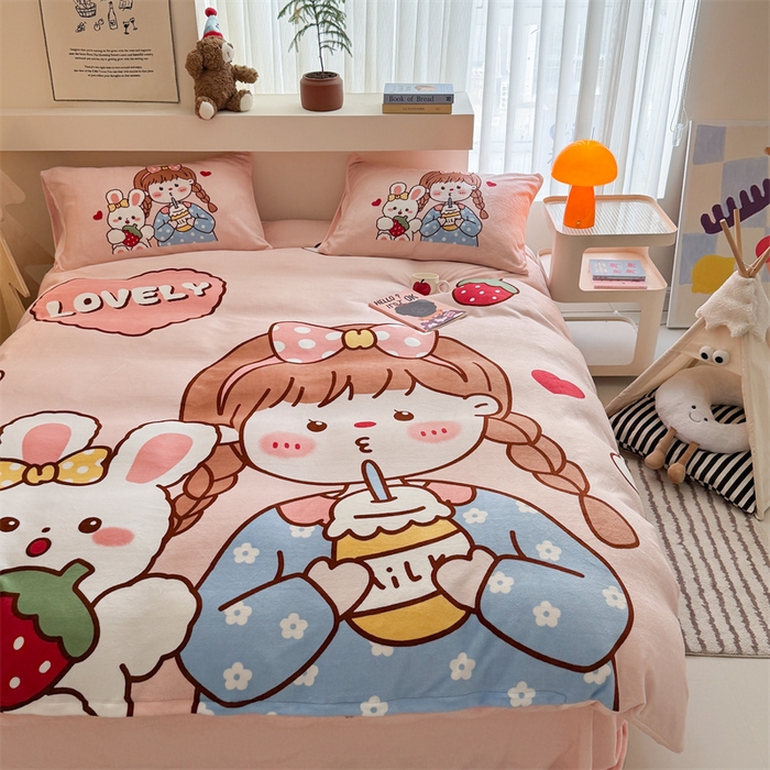 91家纺网 家纺一手货源 找家纺 福来临家纺 2025秋冬新款亲肤舒适保暖加厚牛奶绒大版卡通四件套 女孩与兔