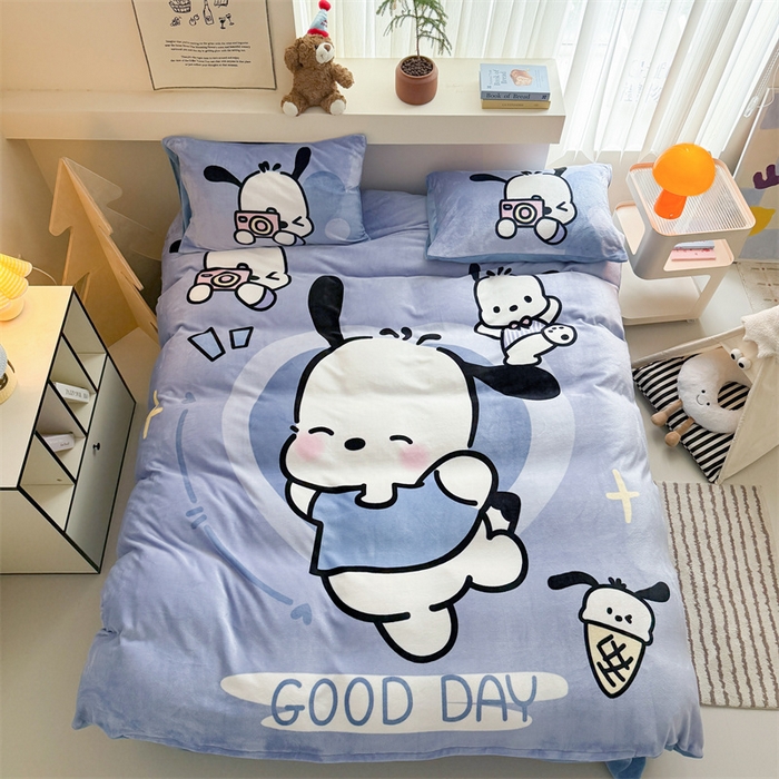 91家纺网 家纺一手货源 找家纺 福来临家纺 2025秋冬新款亲肤舒适保暖加厚牛奶绒大版卡通四件套 机灵狗狗