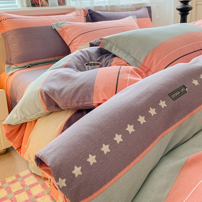 小叮当家纺仓储工厂店 2025新款（买家秀 不断货）A类全棉纯棉磨毛四件套 条纹星星-粉