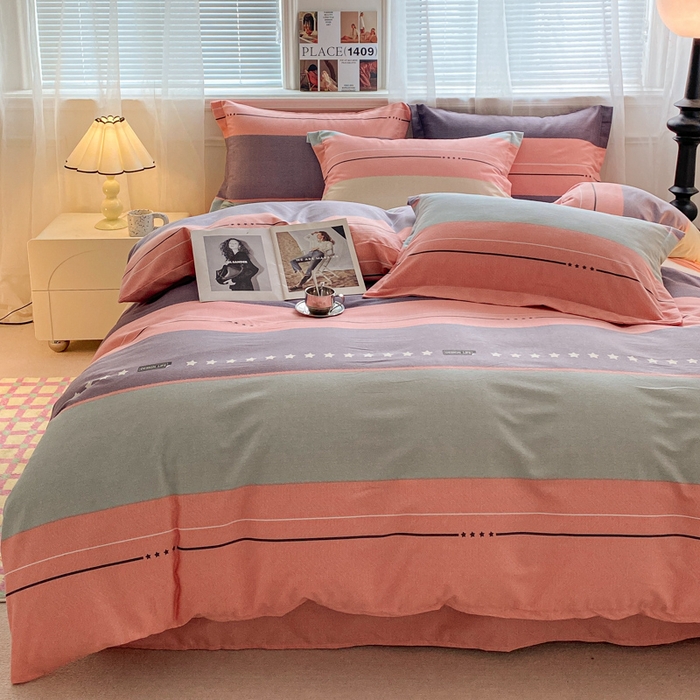 91家纺网 家纺一手货源 找家纺 小叮当家纺仓储工厂店 2025新款（买家秀 不断货）A类全棉纯棉磨毛四件套 条纹星星-粉