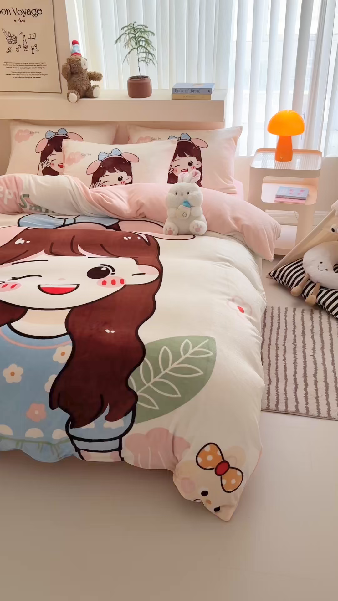 91家纺网 家纺一手货源 找家纺 福来临家纺 2025秋冬新款亲肤舒适保暖加厚牛奶绒大版卡通四件套 可爱女孩