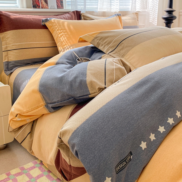 小叮当家纺仓储工厂店 2025新款（买家秀 不断货）A类全棉纯棉磨毛四件套 条纹星星-黄