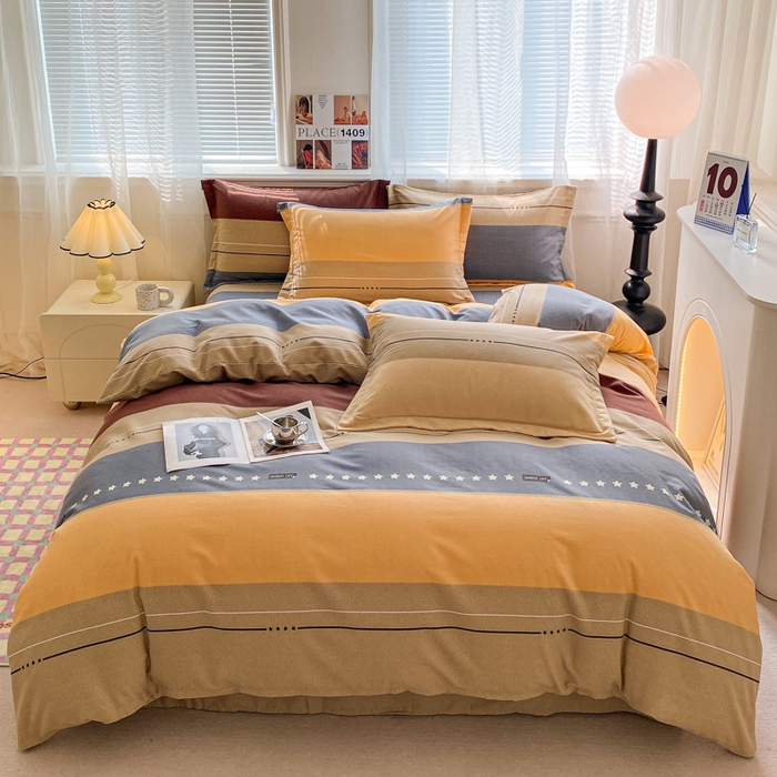 91家纺网 家纺一手货源 找家纺 小叮当家纺仓储工厂店 2025新款（买家秀 不断货）A类全棉纯棉磨毛四件套 条纹星星-黄