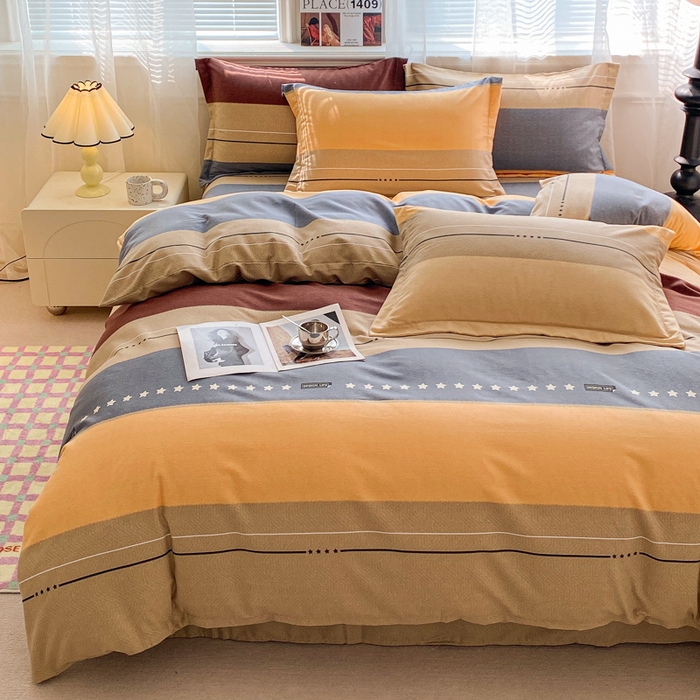 91家纺网 家纺一手货源 找家纺 小叮当家纺仓储工厂店 2025新款（买家秀 不断货）A类全棉纯棉磨毛四件套 条纹星星-黄