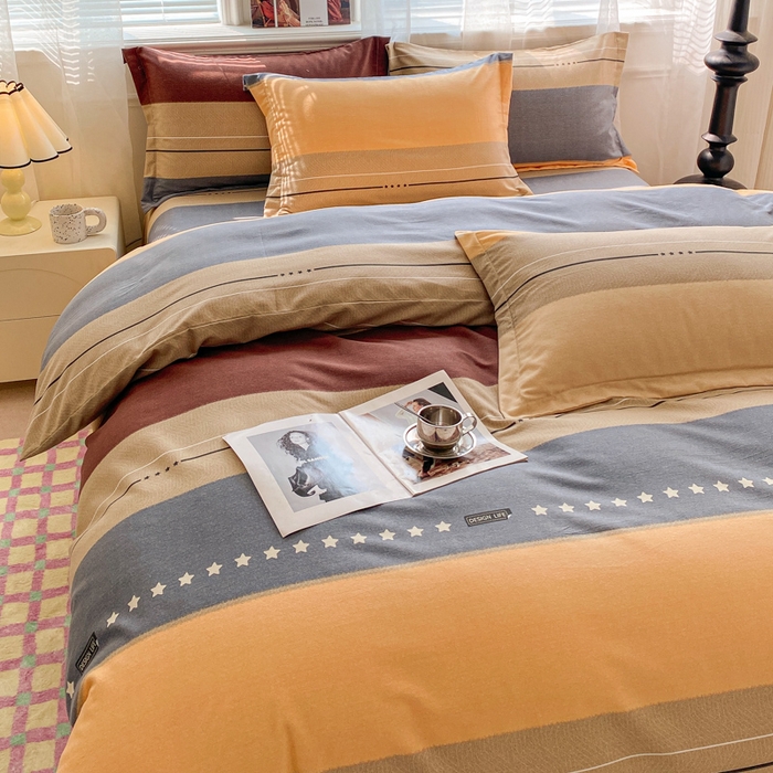 91家纺网 家纺一手货源 找家纺 小叮当家纺仓储工厂店 2025新款（买家秀 不断货）A类全棉纯棉磨毛四件套 条纹星星-黄