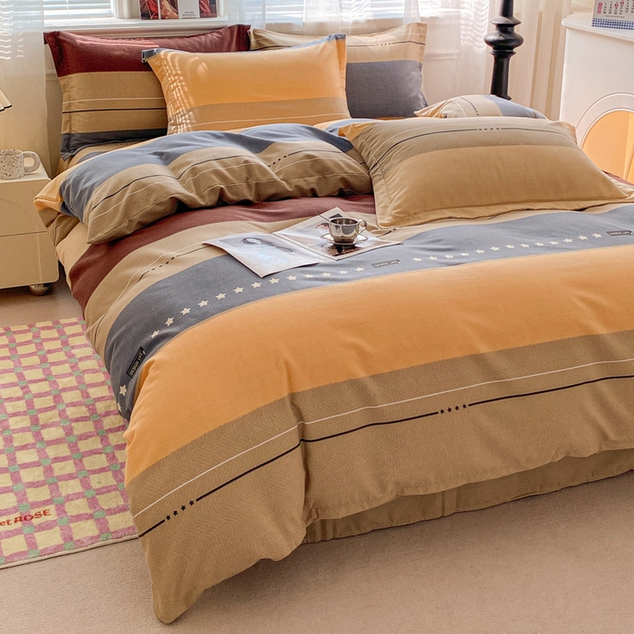 91家纺网 家纺一手货源 找家纺 小叮当家纺仓储工厂店 2025新款（买家秀 不断货）A类全棉纯棉磨毛四件套 条纹星星-黄