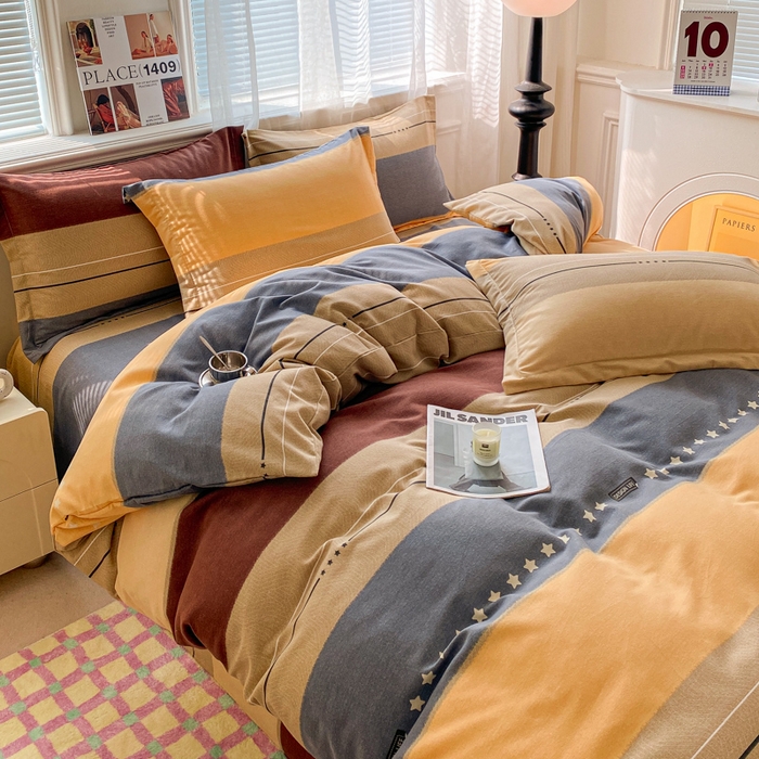 91家纺网 家纺一手货源 找家纺 小叮当家纺仓储工厂店 2025新款（买家秀 不断货）A类全棉纯棉磨毛四件套 条纹星星-黄