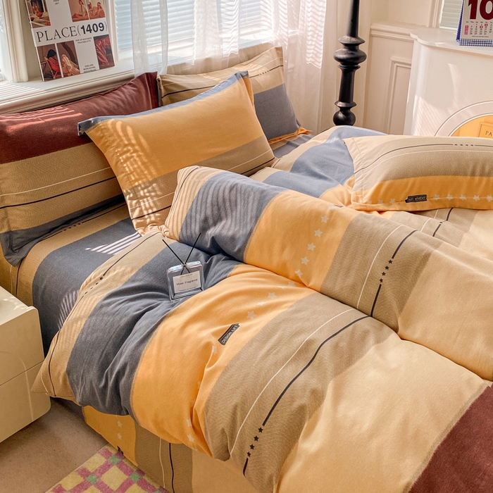 91家纺网 家纺一手货源 找家纺 小叮当家纺仓储工厂店 2025新款（买家秀 不断货）A类全棉纯棉磨毛四件套 条纹星星-黄