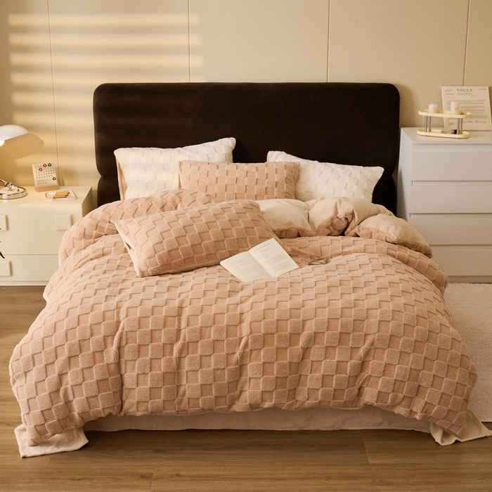 91家纺网 家纺一手货源 找家纺 晨曦家纺 2025新款加厚230克塔芙绒牛奶绒四件套-初暖系列 初暖-奶咖