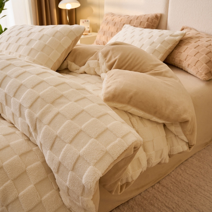 91家纺网 家纺一手货源 找家纺 晨曦家纺 2025新款加厚230克塔芙绒牛奶绒四件套-初暖系列 初暖-白拼奶咖