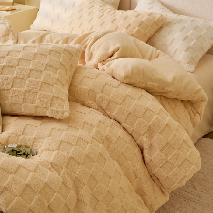 91家纺网 家纺一手货源 找家纺 晨曦家纺 2025新款加厚230克塔芙绒牛奶绒四件套-初暖系列 初暖-奶黄